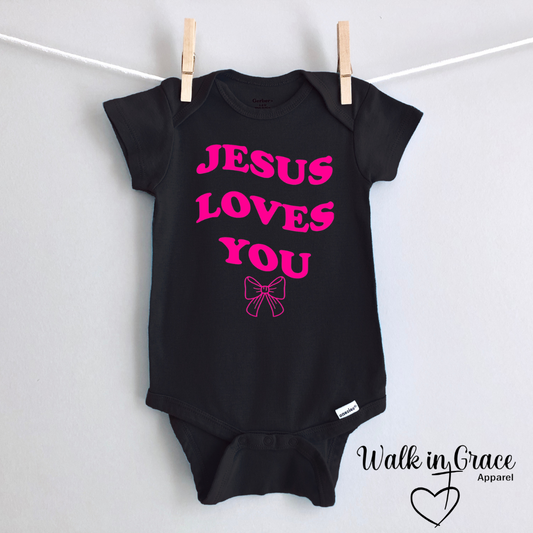 Jesus loves you bow onesie