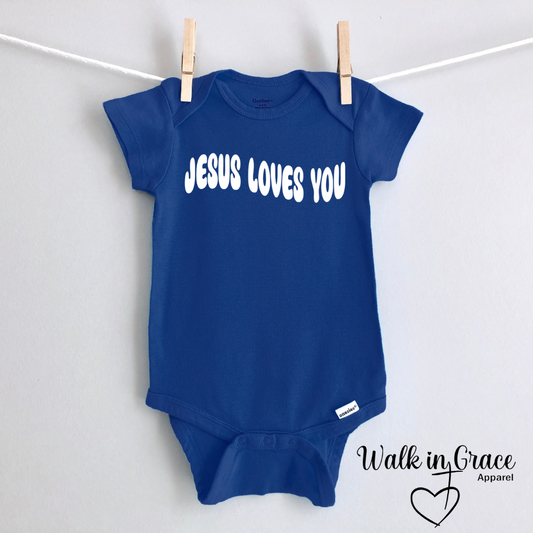 Jesus loves you- blue onesie